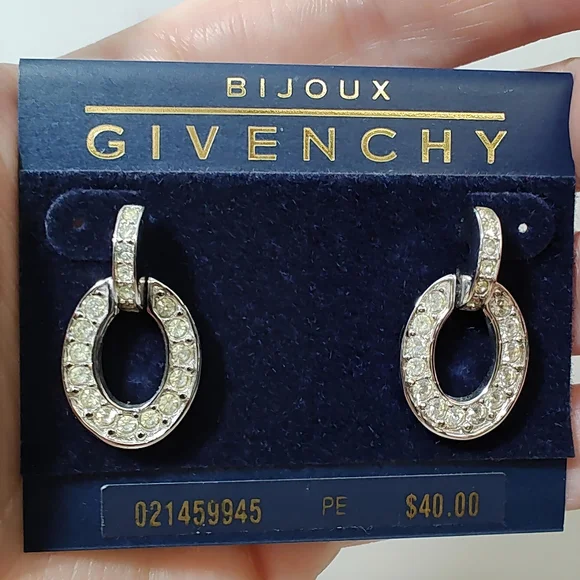 Vintage Bijoux GIVENCHY Silver tone Open Circle Pave Drop Earrings POST BACK NOS - Picture 6 of 6
